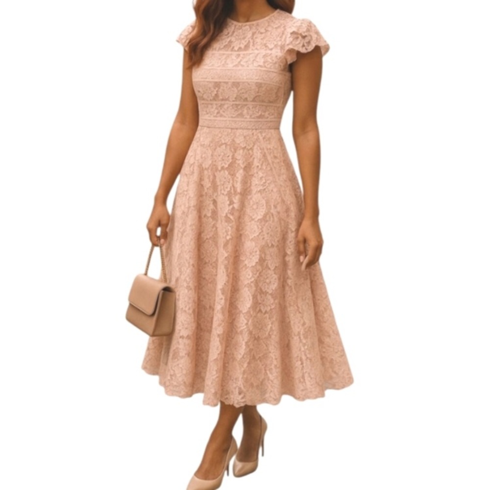 Elegant Pink A-Line Midi Dress with Flutter Sleeves